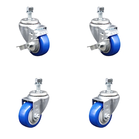 Service Caster 3.5 Inch Blue Polyurethane Wheel Swivel 1/2 Inch Threaded Stem Caster Brake, 2PK TS20S3514-PPUB-BLUE-TLB-121315-2-S-2